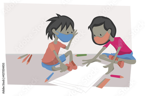 Niños con mascarilla por escribir y dibujar en hojas