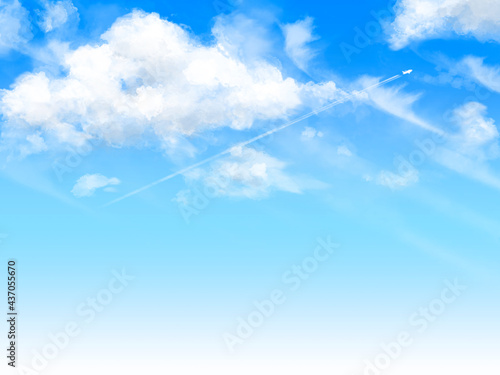 手書き風夏の青空と雲と飛行機雲