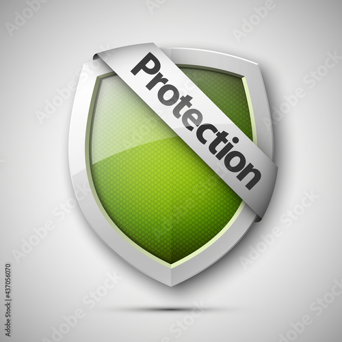 Protection ribbon shield concept with banner. Safety badge icon. Privacy banner tape. Security band protected label. Defense tag. Presentation sticker shape. Defense sign illustration