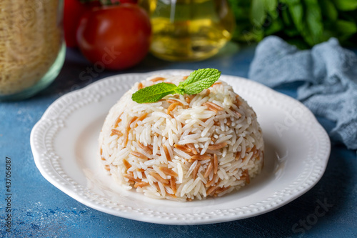 Traditional delicious Turkish food; Turkish style rice pilaf (Turkish name; Arpa sehriyeli pirinc pilavi)