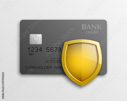 Protection shield Credit card. Safety badge banking icon. Defense safeguard finans icon. Security Plastic card software. Debit card guard electromagnetic chip. Privacy Electronic money funds transfer.