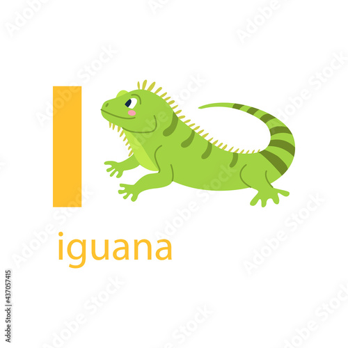 Cute iguana card. Alphabet with animals. Colorful design for teaching children the alphabet, learning English. Vector illustration in a flat cartoon style on a white background