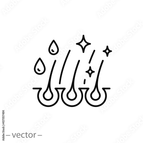 hair care icon, loss treatment, moisturizing and applying creatine, healthy roots, serum for follicle, thin line symbol on white background - editable stroke vector illustration eps10