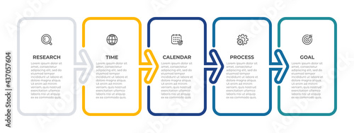 Business infographic template. Creative design with arrow parts. Timeline process with 5 options or steps.