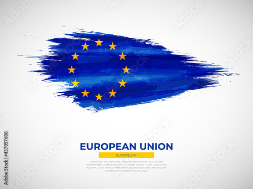 Grunge style brush painted European Union country flag illustration with europe day typography