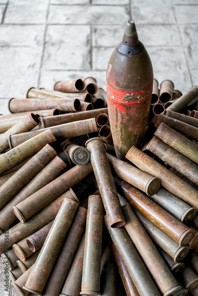 Close-up of mortars and shells in a military summer camp Close-up of mortars and shells in a military summer camp