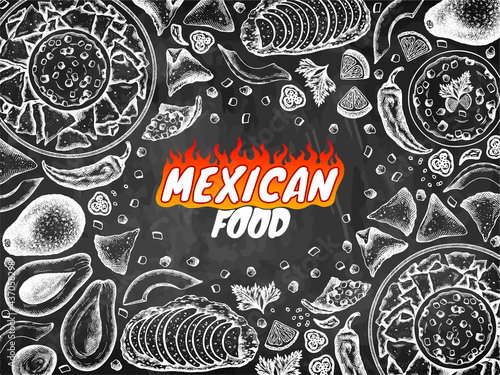 Mexican food text, chalk drawing poster with avocado, nachos, guacamole, chili pepper, corn chips, avocado toast isolated on blackboard. Outline vegan snacks chalkboard menu. Vector illustration.