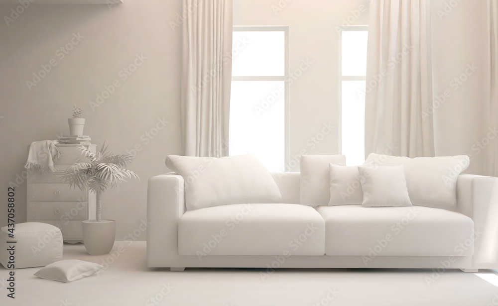 Fototapeta premium White minimalist living room with sofa. Scandinavian interior design. 3D illustration