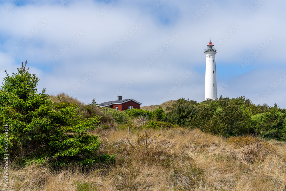 typical Danish coastal landscape with red house and Lyngvid Fyr lighthouse in the sand dunes