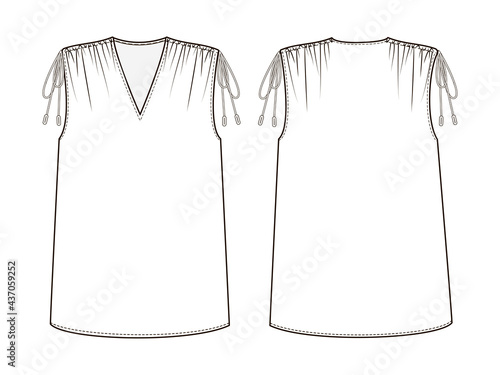 Fashion technical drawing of sleeveless top. Fashion illustration of drawstring blouse.