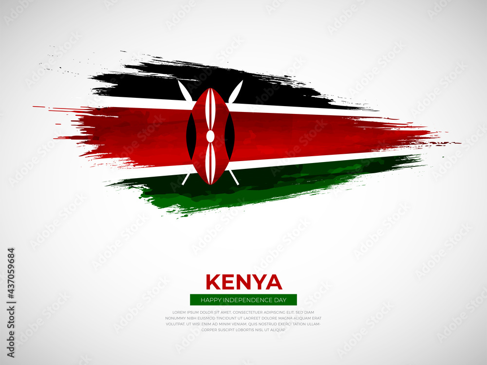 Grunge style brush painted Kenya country flag illustration with Independence day typography - obrazy, fototapety, plakaty 