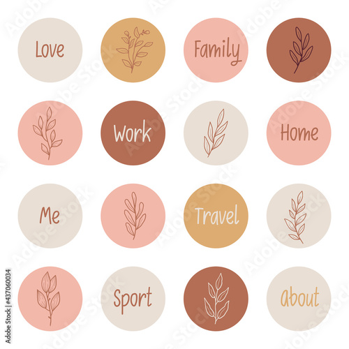 Hand drawn Instagram story highlight with minimal floral leaf, flower, branch elements. Doodle sketch style. Isolated vector illustration for logo, insta highlight, icon for blogger.