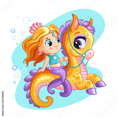 Cute mermaid riding on a sea horse vector cartoon illustration