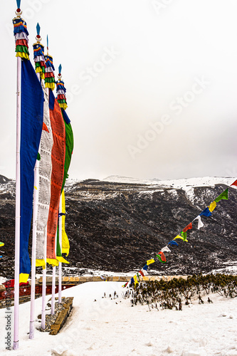 holy buddhist flag at war memorial with snow cap mountains in the background photo