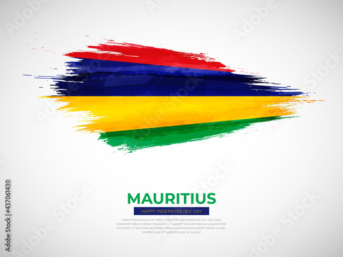 Grunge style brush painted Mauritius country flag illustration with Independence day typography