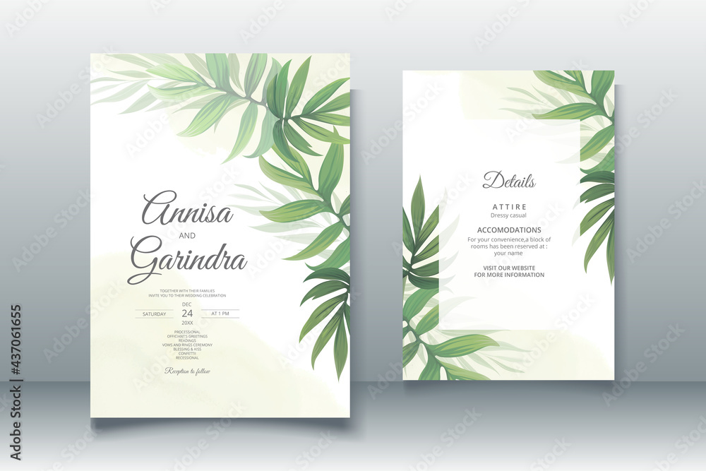  Wedding invitation card template set with beautiful tropical leaves Premium Vector