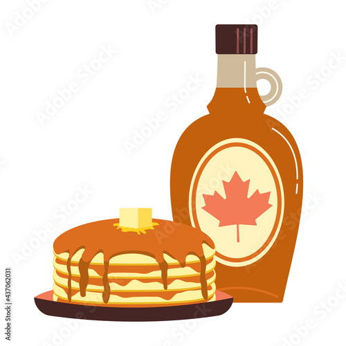 Maple syrup topping on pancakes flat color vector icon. Fresh tasty hot pancakes, sweet maple syrup glass bottle cartoon design element isolated on white background. Dessert food sign illustration