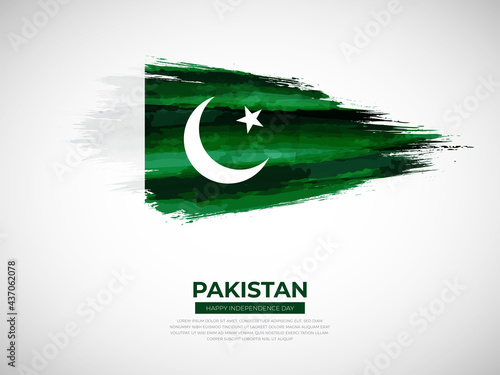 Grunge style brush painted Pakistan country flag illustration with Independence day typography