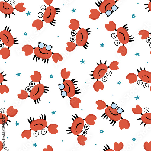 Seamless pattern with funny smiling crab and stars.