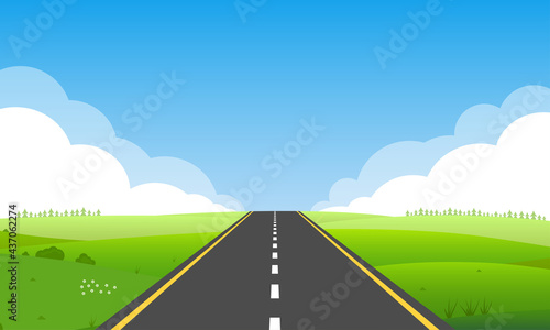 Road or highway in nature or countryside landscape with meadows, fields, green grass, hills, blue sky and horizon line. Summer or spring background with asphalt way. Vector illustration.
