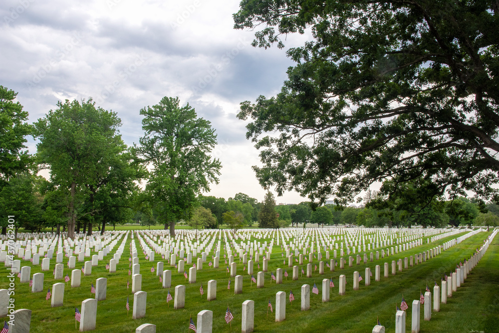Small American flags mark every grave during Memorial Day weekend at Arlington National Cemetery, Arlington, VA. Small American flags mark every grave during Memorial Day weekend at Arlington National Cemetery, Arlington, VA.