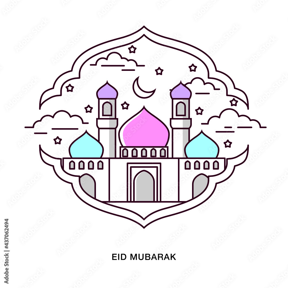 Naklejka premium Flat Line Design. Eid Mubarak greeting Mosque illustration inside decoration