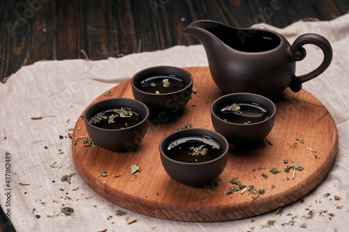 tea set on a wooden kitchen board.