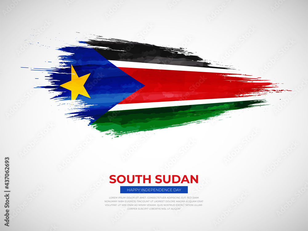 Grunge style brush painted South Sudan country flag illustration with Independence day typography Grunge style brush painted South Sudan country flag illustration with Independence day typography