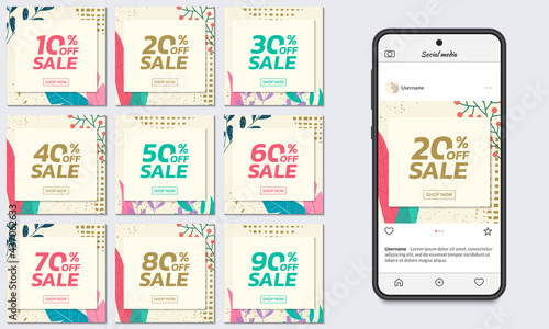 Social media sale post set with floral background. Trendy banner design template with leaves. Modern discount cards with 10, 20, 30, 40, 50, 60, 70, 80, 90 percent price off. Vector illustration.