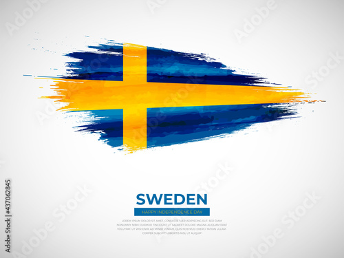Grunge style brush painted Sweden country flag illustration with Independence day typography