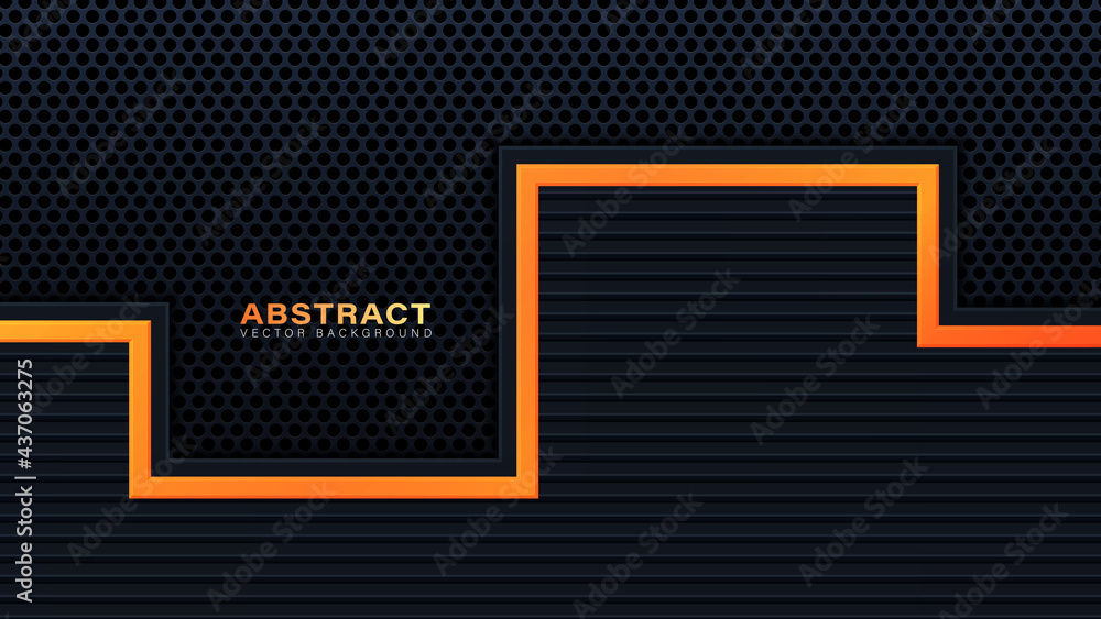 Abstract 3D black technology background overlap layers on dark space with orange light effect decoration. Modern graphic design template elements for poster, flyer, brochure, or banner Abstract 3D black technology background overlap layers on dark space with orange light effect decoration. Modern graphic design template elements for poster, flyer, brochure, or banner