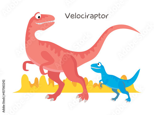 Vector cartoon dinosaur with baby isolated on white background. Velociraptor.