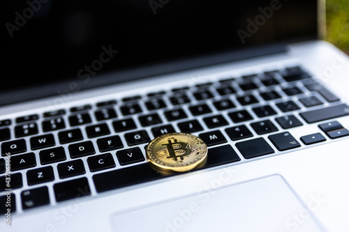 Laptop with a bitcoin cryptocurrency on the grass