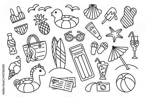 Summer travel, holiday and vacation doodle set isolated on white background. Hand drawn beach vector objects. For wrapping, package, poster, web design, fabric. Sunglasses, inflatable unicorn and duck
