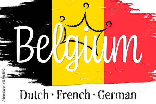 België, flag of Belgium, banner with grunge brush. Illustration of book, dictionary, vocabulary.