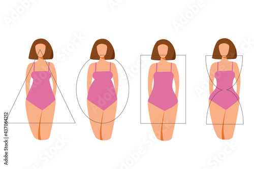 Female body types. Vector illustration. Types of female figures rectangle, hourglass, triangle, circle