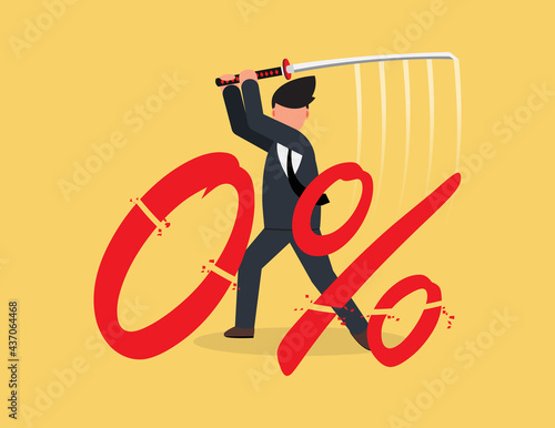 Businessman cut number 0 percent with his sword. FED cut interest rate to be negative interest rates for economic stimulus