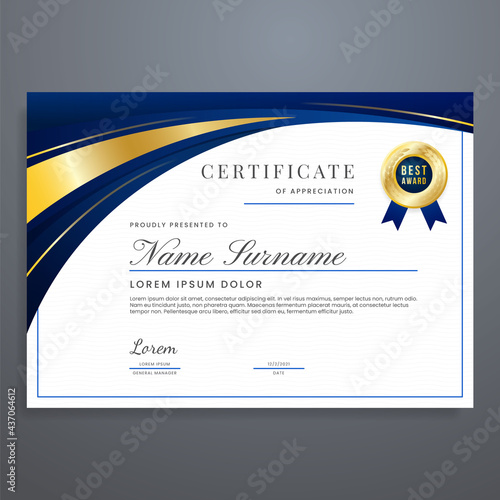 Certificate design template vector, abstract certificate border with blue and gold colors, can be used for diploma, appreciation, attendance, etc.