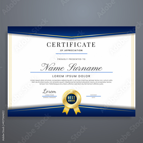 Certificate layout template with blue and gold colors, multipurpose certificate border vector.