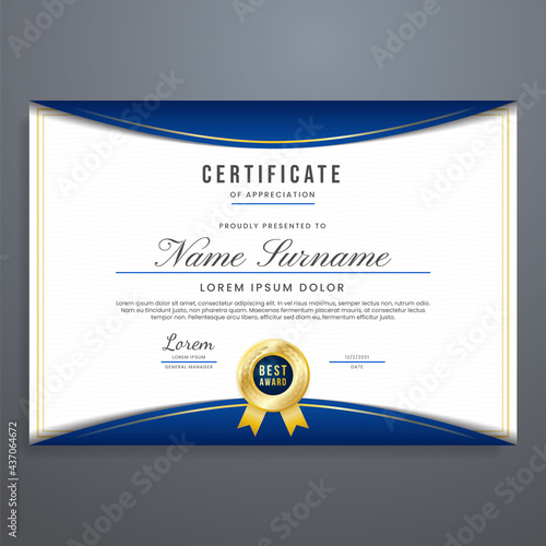 Multipurpose certificate layout template, border design vector with blue and gold colors, can be used for appreciation, attendance, diploma, etc.