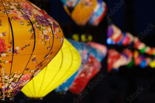 close up retro colorful traditional Chinese lanterns at dark night