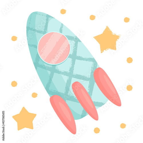 Adorable cute cartoon rocket and stars in scandinavian style isolated on white. childish vector illustration for nursery or playroom or Bedroom posters, Print for kids textiles fabric, packaging paper