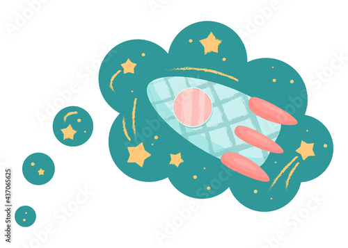Adorable cute cartoon rocket and stars in scandinavian style isolated on white. Think Speech Bubble. childish vector illustration for nursery or playroom or Bedroom posters, Print for kids textile