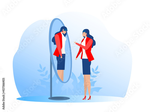 Imposter syndrome,  happy or sad expressions.Bipolar disorder, fake faces and emotions. Psychology, false behavior or deceiver.vector illustrator