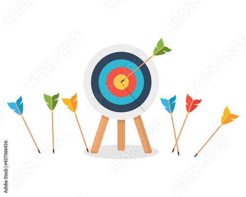 Business concept goal achievement, archery sport competition. Precisely on target or miss, an unsuccessful attempt to hit a target. Vector illustration.