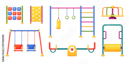 Sports and entertainment equipment for playground. Carousel, swing, seesaw, horizontal bar, game module noughts and crosses, climbing wall and treadmill drum. 
