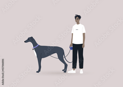 A young male Black character walking with a graceful black greyhound dog on a leash, modern urban lifestyle