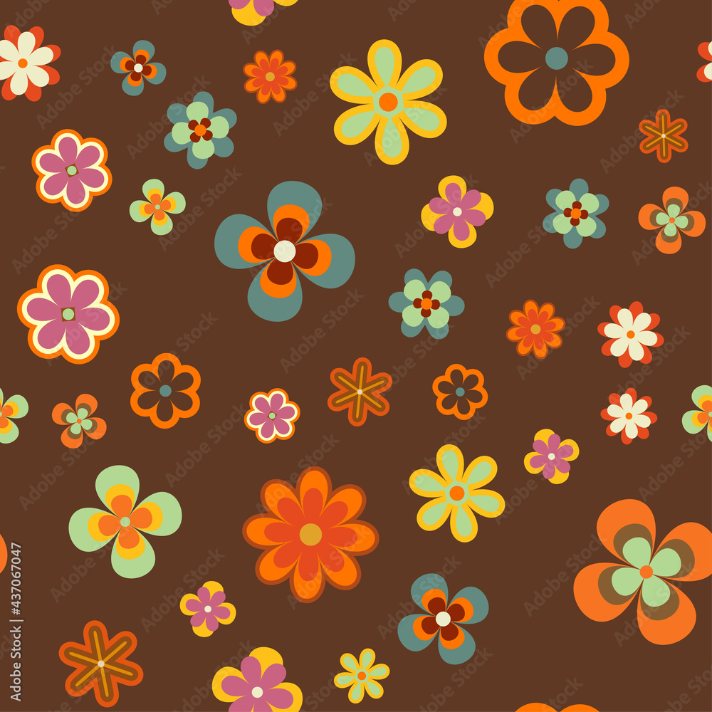 Colorful Floral Vector Seamless Pattern. Retro 70s Style Nostalgic ...