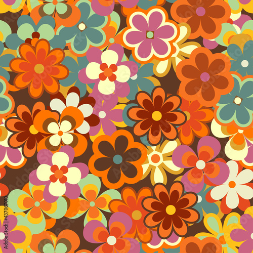 Colorful Floral Vector Seamless Pattern. Retro 70s Style Nostalgic Fashion Textile Bold Background. Summer Resort Print. Daisies. Flower Power photo