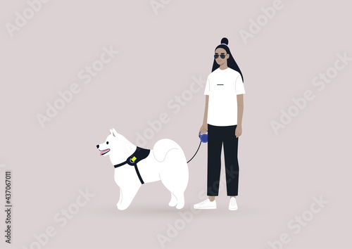 A young female Asian character walking with their samoyed fluffy dog, modern urban lifestyle